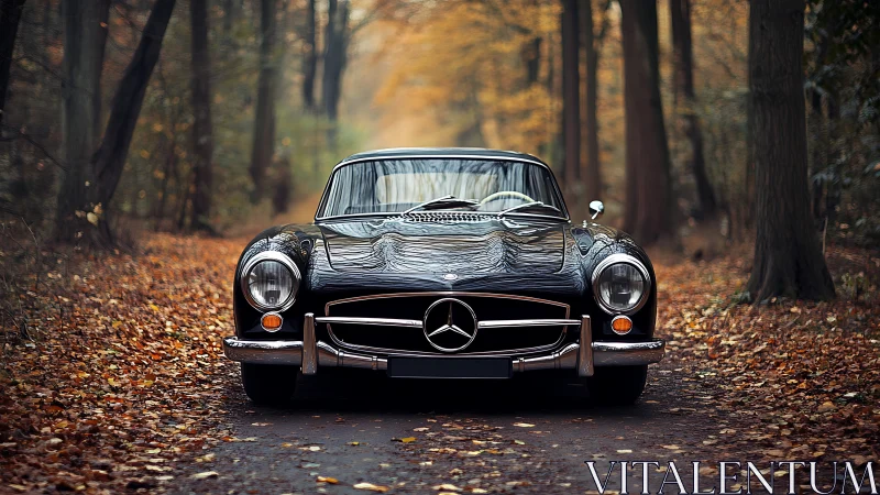 Timeless black classic car enjoys a quiet autumn forest road