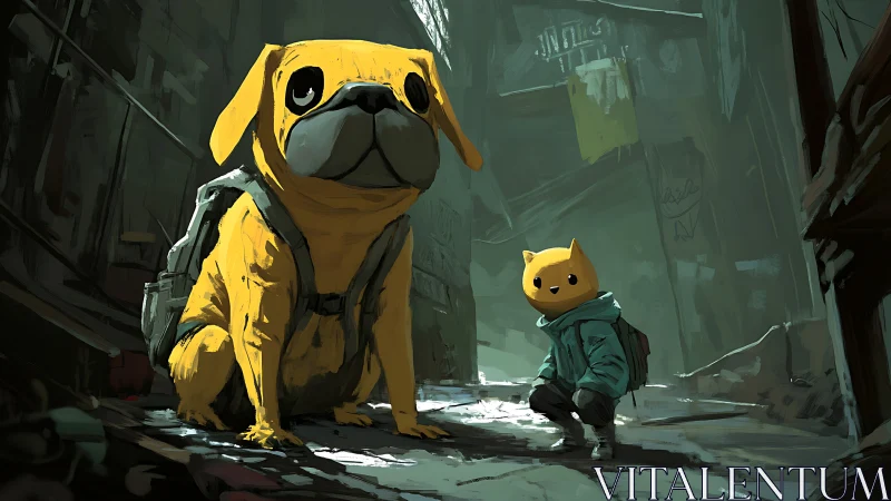 Masked companions pause in a moody, dystopian alleyway