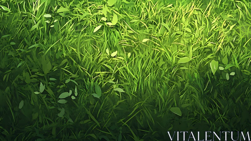 Sunlit digital grass field renders layered organic textures