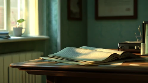 Sunlit desk reverie with open pages and quiet morning glow.