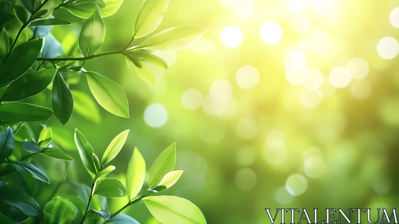 Sunlit green leaves with bokeh background in vibrant natural style.