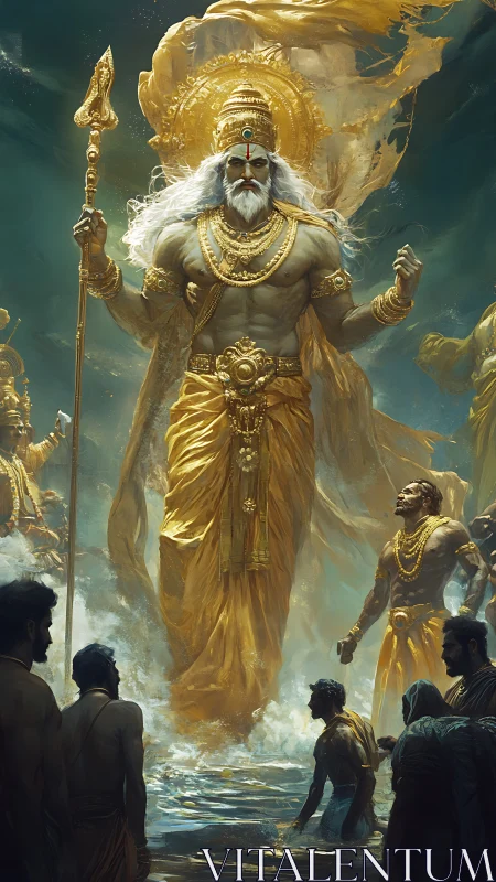 Golden divine warrior emerging from sacred waters.