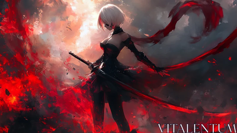 White‑haired swordwoman stands amid swirling red embers