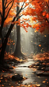 Autumn Forest Stream with Cascading Leaves.