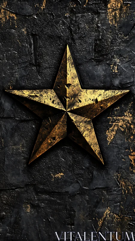 Gold metal star cuts through dark textured concrete wall.