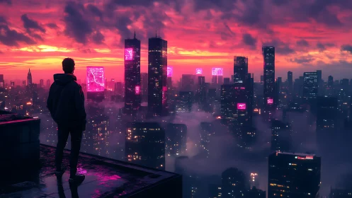 Man on rooftop overlooking neon cyberpunk city at dusk.