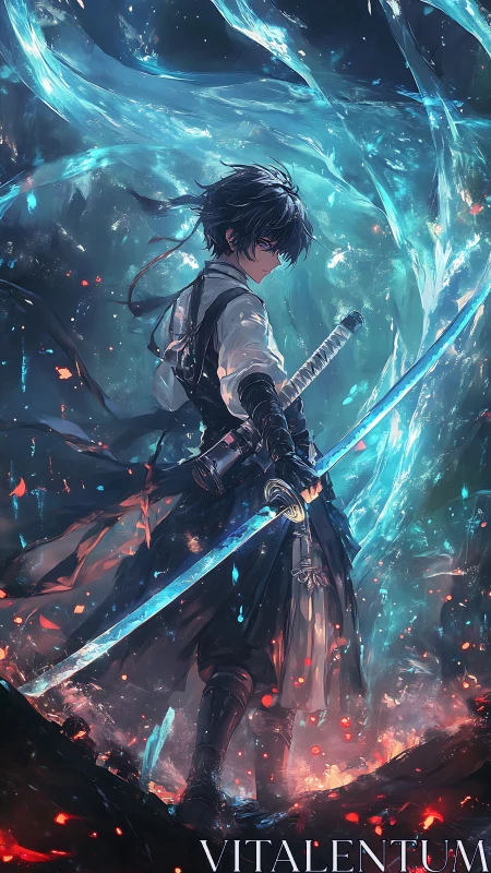 Sword-wielding anime warrior commands luminous elemental vortex
