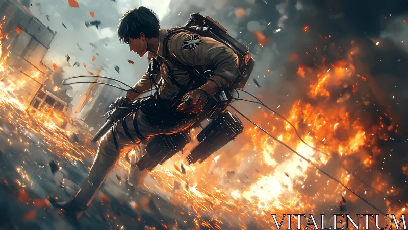 Armored soldier in midair above burning urban battlefield.