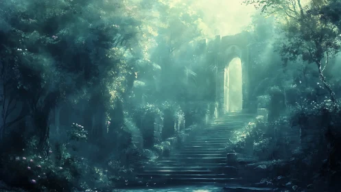 Misty forest stairway leads gently toward a glowing stone gate