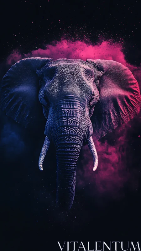 Neon elephant portrait glows against vibrant magenta smoke.