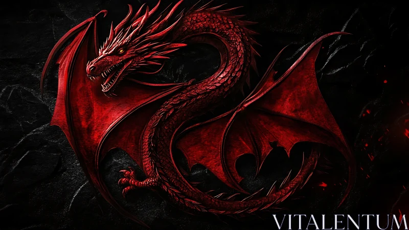 Scarlet dragon sigil coiled over black stone background.