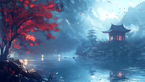 Mountain lake shrine glows beneath crimson autumn tree.