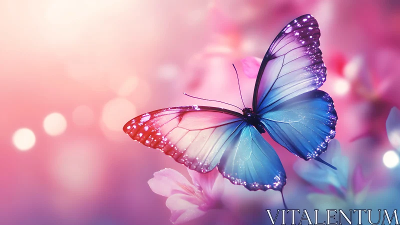Bioluminescent gradient butterfly over bokeh floral field