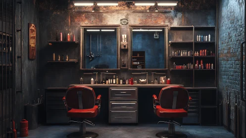 Urban barbershop bunker with crimson thrones aglow.