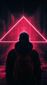 Silhouetted traveler faces neon triangular tunnel portal.