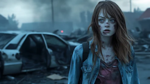 Young survivor walks through a smoky, shattered city street