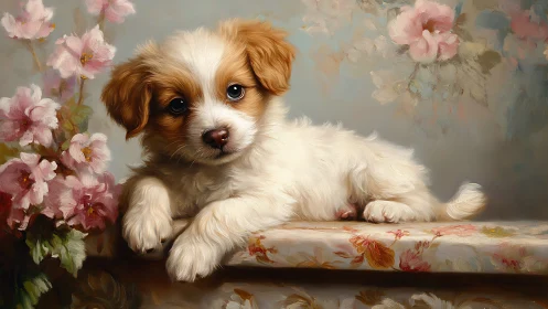 Small spaniel-type puppy in floral interior setting.