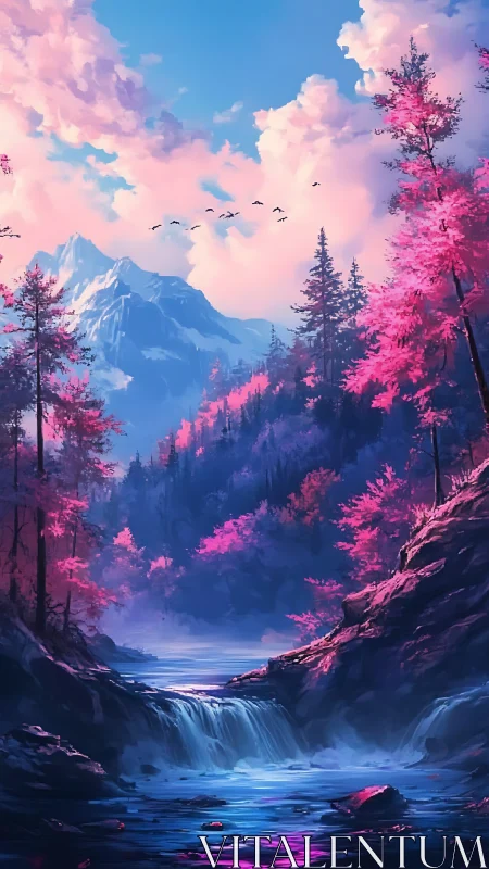 Neon dusk forest frames crystal falls beneath peaks.