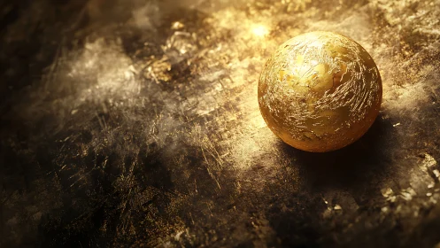 Textured golden sphere on scratched metallic surface under hard light