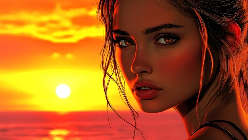 Fiery sunset portrait highlights molten amber gaze and skin.