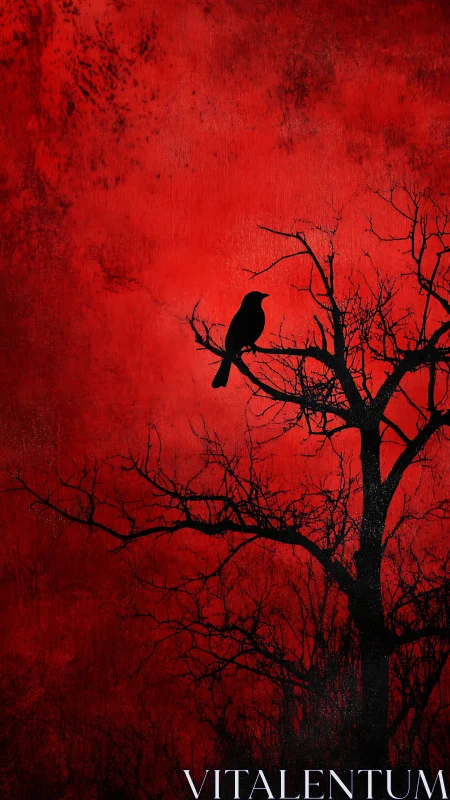 Silhouetted crow waits on barren tree against blood red sky