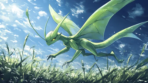 Green insect dragon gliding over bright grassy field.