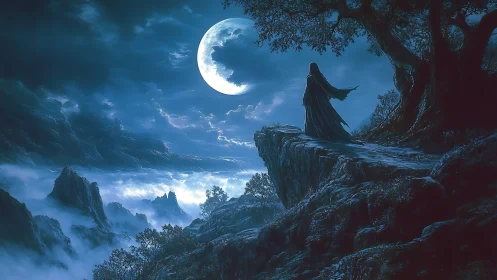 Cloaked figure on cliff overlooking moonlit cloud valley.