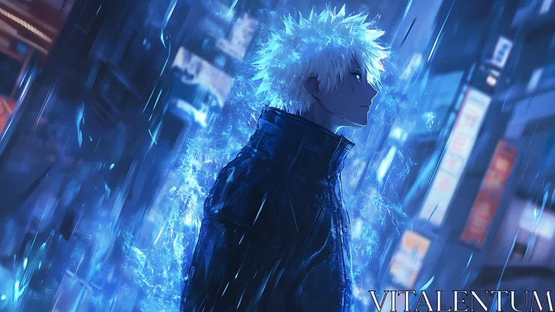 White-haired figure channels blue energy in neon rain alley