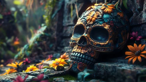 Floral-encrusted ossuary skull amid mossed ruin stones.