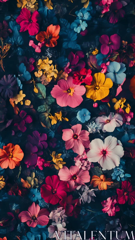 Vibrant Floral Arrangement: Multi-Chromatic Cosmos Blooms on Deep Teal Ground