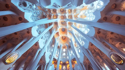 Cathedral columns converge beneath luminous vaulted ceiling.