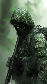 Camouflaged soldier in rain holding rifle in dense forest