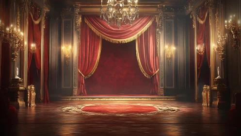 Opulent red velvet throne room with gilded chandeliers.