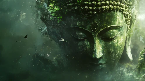 Colossal moss-covered Buddha visage in misty jungle gorge