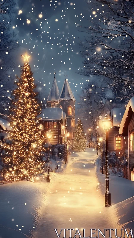 Snowlit village street renders an illuminated festive perspective