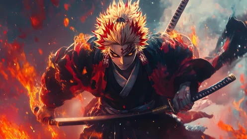 Flame-lit anime swordsman advances with dual katana weapons
