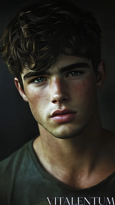 Intense close-up portrait of young man with freckles.
