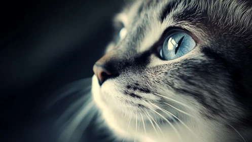 Beautiful Gray Cat with Striking Blue Eyes Looking Upward
