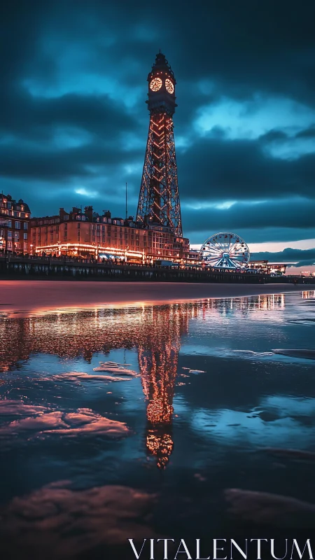 Coastal clock tower glows over dusk pier reflections.