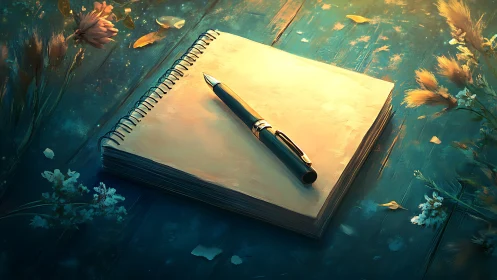 Sunlit spiral notebook and pen on rustic teal table.