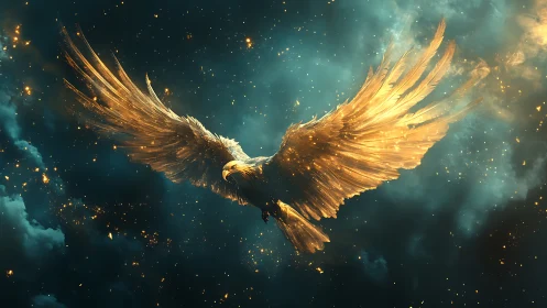 Majestic Golden Eagle Soaring in a Dreamlike Cosmic Sky.