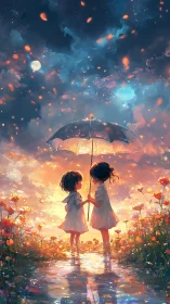Backlit children under umbrella amid luminescent dusk reflections