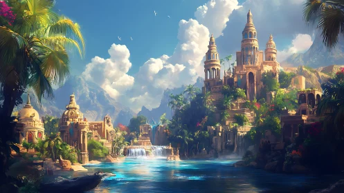 Sunlit riverside citadel where waterfalls guard dreams.