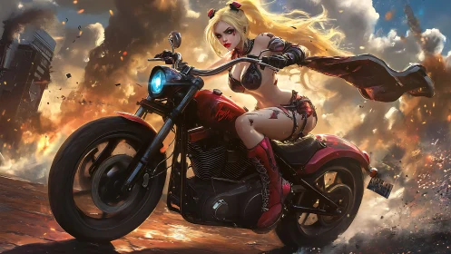 Armored biker heroine on red cruiser amid explosive firestorm