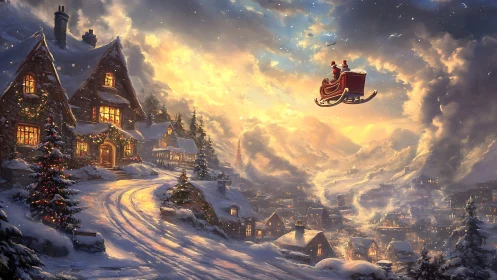 Snow-covered village with illuminated houses and flying sleigh.