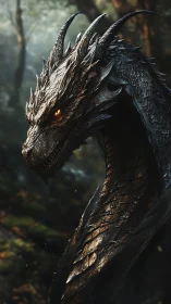 Majestic forest dragon gazes ahead with burning amber eye.