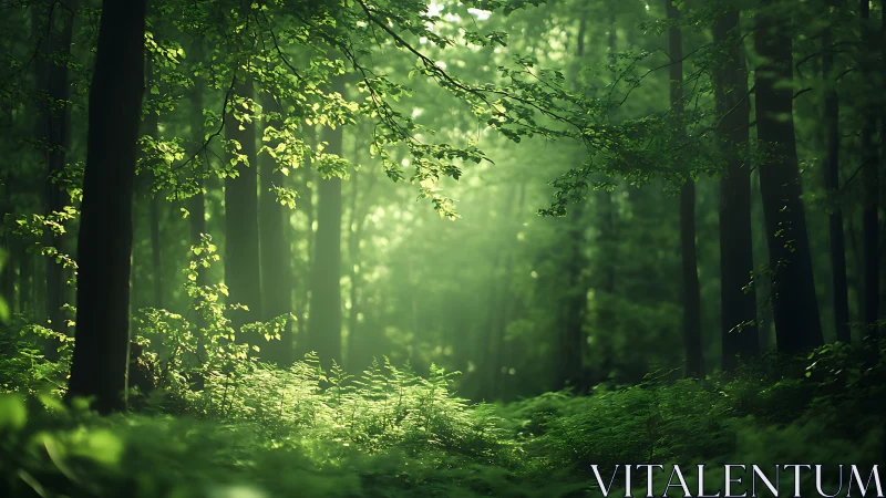 Serene green forest with sunbeams, lush foliage, and tranquil atmosphere.