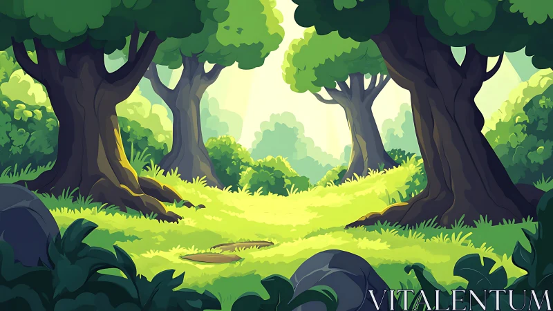 Sunlit Forest Clearing with Towering Trees and Luminous Undergrowth