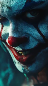 Sinister closeup of clown face with smudged red makeup.