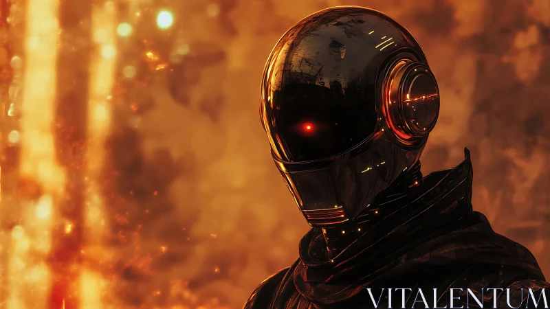 Chrome-shelled android portrait in molten orange bokeh field.